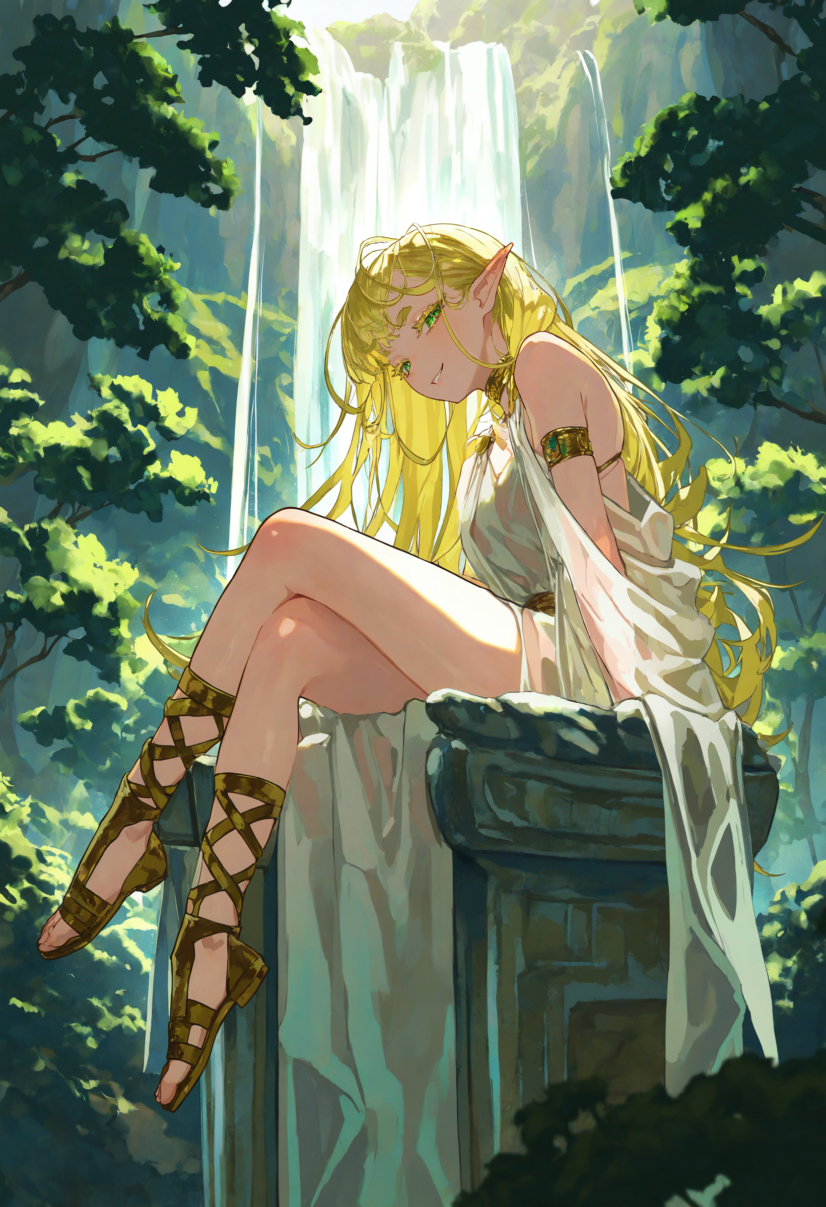 artist:[ekrea jan|diyokama|say hana|yoneyama mai|lam \(ramdayo\)], 
1girl, blonde hair, pointy ears, solo, toga, white dress, armlet, looking at viewer, ancient greek clothes, see-through clothes, shawl, greco-roman clothes, loose hair strand, gold choker, bare shoulders, gladiator sandals, foot dangle, parted lips, looking at viewer, colored eyelashes, long eyelashes, half-closed eyes, thick eyebrows, green eyes, smile, detailed,
sitting, throne, dark clouds, backlighting, outdoors, from side, skindentation,
bright, backlighting, dappled light, tree shade, colorful, green theme, forest, waterfall, 
masterpiece, best quality, very awa, absurdres
<lora:noobai_vpred_1_ ancient_greek_clothes_v1:1>