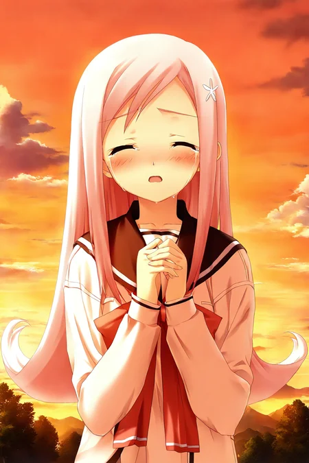 <lora:LucyMariaMisora:0.8>, Ruuko, 1girl, solo, closed eyes, outdoors, blush, tears, crying, school uniform, upper body, facing viewer, cloud, open mouth, sky, bowtie, sunset, hands up, own hands together, mountain, tree
