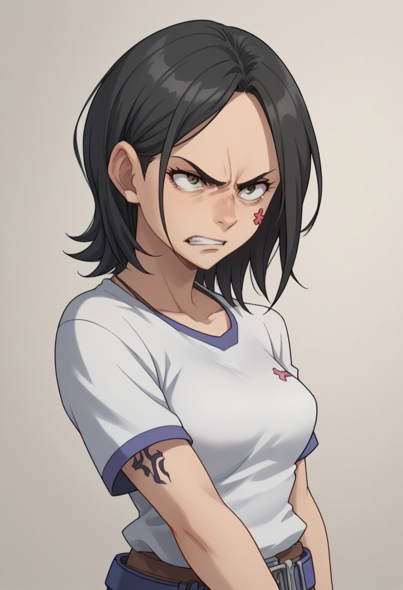 score_9, score_8_up, score_7_up, source_anime, highly detailed,
talho, 1girl, solo, black hair, short hair, t-shirt, belt, tattoo on face, upper body, angry, anger vein, parody,
indoor,