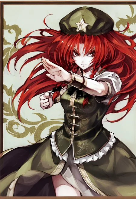 1girl, solo, hong meiling, braid, hat, red hair, fighting stance, long hair, twin braids, star \(symbol\), chinese clothes, red eyes, star hat ornament, hat ornament, dress, short sleeves <lora:banpaiAkiraOSXL_NBVP1_lokr_V6311P:0.95>