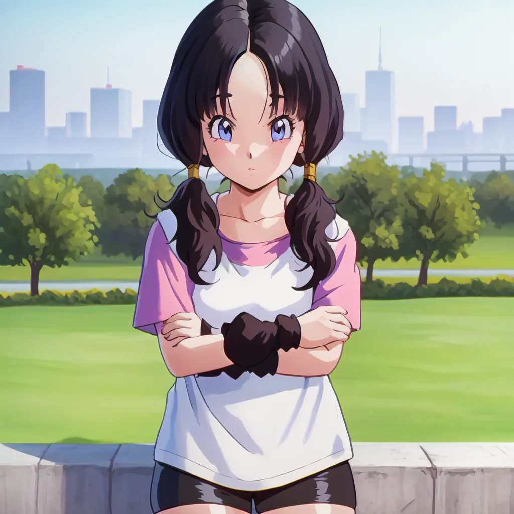 Videl, Pigtails, 1girl, anime screencap, highly detailed, 8k, masterpiece, best quality, spiked hair, biker shorts, from above, city background, (looking at viewer)