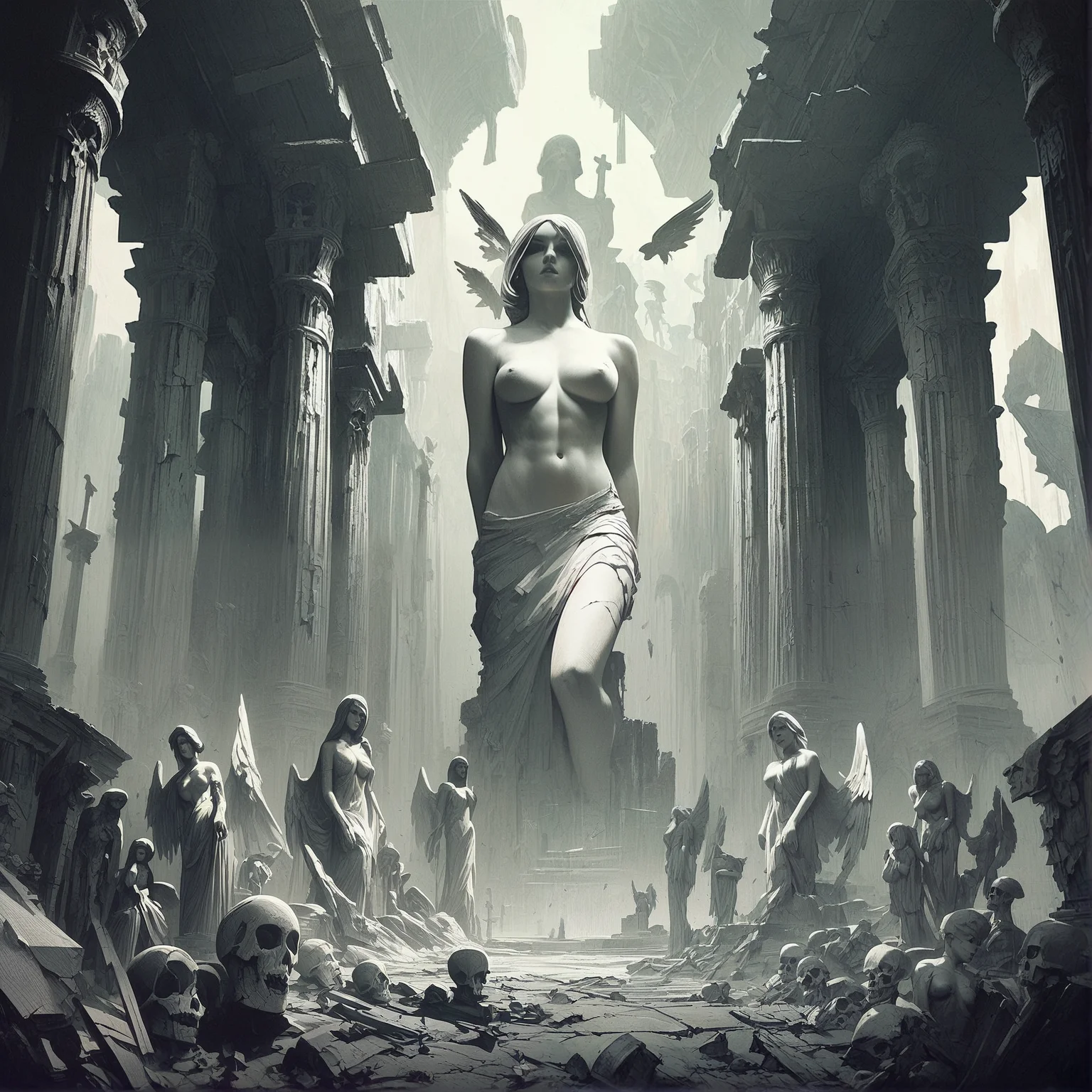 score_9_up, score_8_up, score_7_up, score_6_up, score_5_up, gothic, digital illustration, flat colors, line art, heavy film grain, fallen angel statue, woman, pretty, large bare breasts, marble, broken wings, skeletons, ancient ruins, vast barren landscape, dark atmosphere, eerie