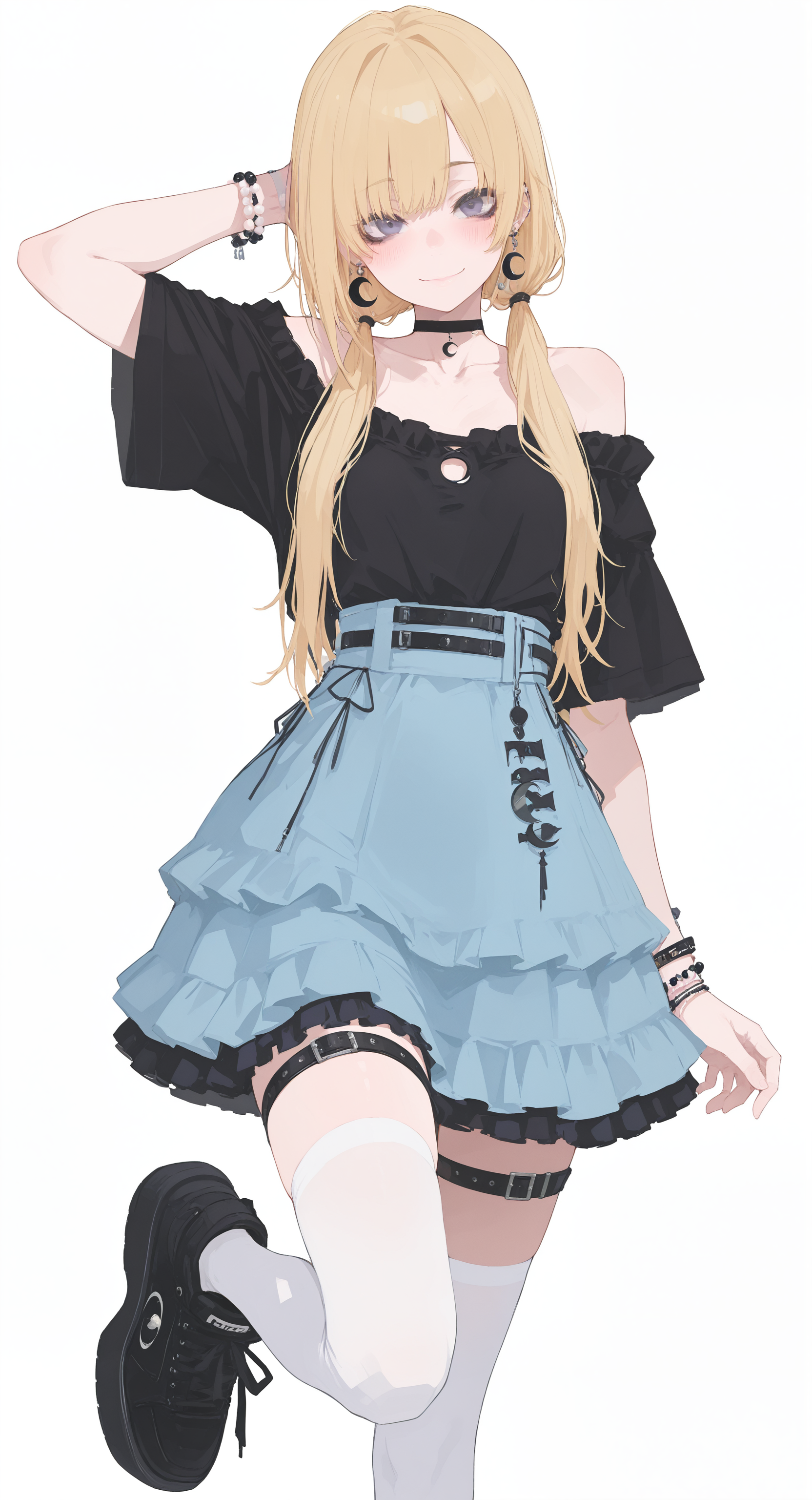 masterpiece,best quality,amazing quality, 1girl, solo, long hair, looking at viewer, blush, smile, simple background, shirt, skirt, blonde hair, white background, thighhighs, closed mouth, jewelry, bare shoulders, twintails, standing, collarbone, short sleeves, earrings, frills, shoes, choker, black footwear, off shoulder, white thighhighs, arm up, bracelet, black shirt, blue skirt, grey eyes, zettai ryouiki, thigh strap, black choker, low twintails, leg up, standing on one leg, frilled skirt, sneakers, crescent, beads, arm behind head, high-waist skirt, off-shoulder shirt, foot out of frame, platform footwear, bead bracelet, crescent earrings, leg belt, pearl bracelet, multiple bracelets, h4ra_illu <lora:ponyv6_noobE11_2_adamW-000017:0.3> <lora:XXX667:0.5> <lora:96YOTTEA-WAI:0.5> <lora:tenebriflora-wai:0.5> <lora:hara_id_21:0.8>