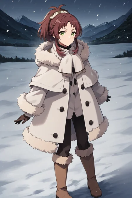 score_9, score_8_up, score_7_up, source_anime,
1girl, looking at viewer,
outdoors, snowing, mountain road,
<lora:aisha_greyrat_anime_s2-soralz:1>, aisha_greyrat, yellow green eyes, brown hair, ponytail, sidelocks, bangs, long hair, coat, fur trim, hood down,white coat, fur-trimmed capelet, brown footwear, fur trim, boots, long sleeves, capelet, gloves,