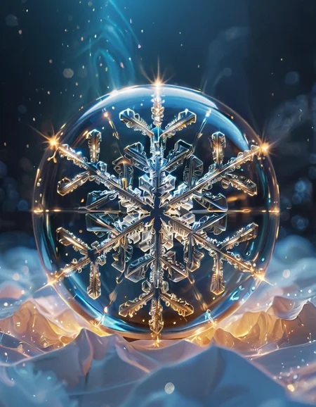 (high quality), (masterpiece), (detailed),8K, An award-winning glowing snowflake, encased in a perfectly transparent glass bubble, floats delicately within a surreal winter setting. Its intricate, symmetrical crystalline patterns radiate a mesmerizing, golden luminosity, blending warm hues of amber, peach, and soft rose that glow softly through the glass. The bubble is adorned with delicate frost patterns along its edges, reflecting and refracting the snowflake’s warm light, casting a magical aura on its surroundings. Encased within, the snowflake sparkles with fine detail, as if suspended in time, evoking feelings of joy, serenity, and wonder, captivating all who witness this breathtaking masterpiece, glowneon, geometric, GlowingInk