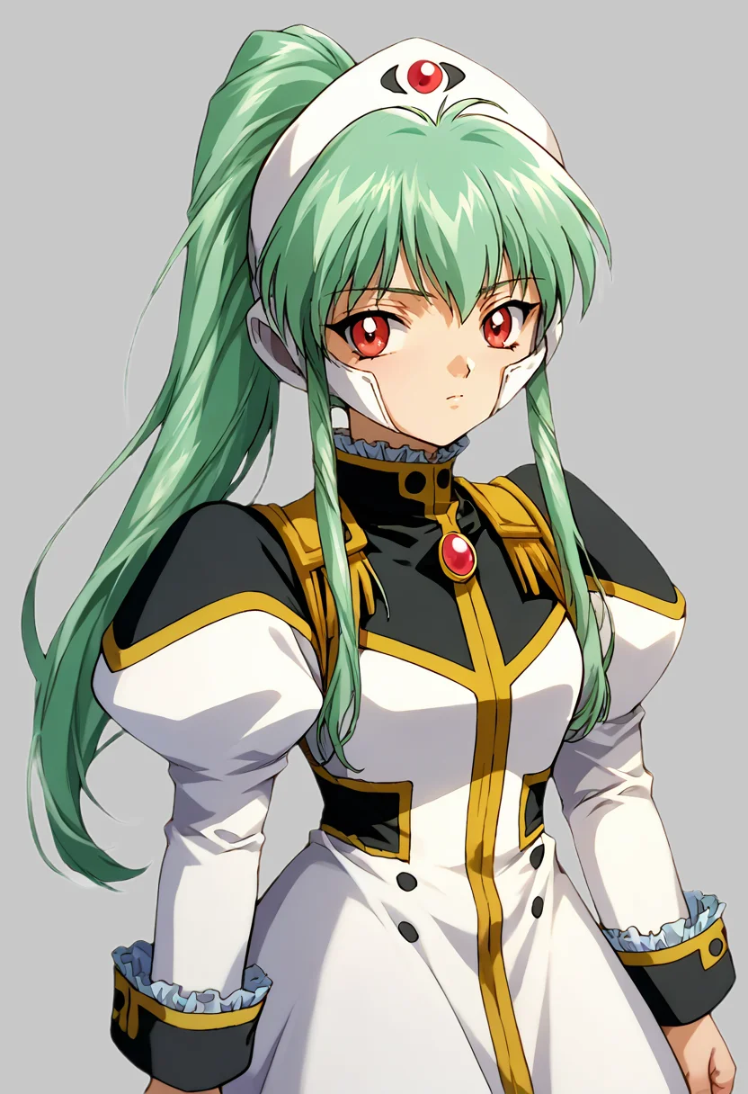score_9, score_8_up, score_7_up, source_anime BREAK 1girl, solo, ga_vanilla, (1990s\(style)\:0.3), cowboy shot, military uniform, puffy long sleeves, frilled skirt, headgear, white pantyhose, green hair, ponytail, sidelocks, bangs, red eyes, looking at you, simple background <lora:ga_vanilla:1> <lora:cnv3mdde878c738thn20:0.5>