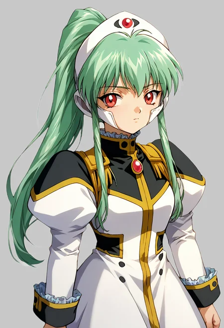 score_9, score_8_up, score_7_up, source_anime BREAK 1girl, solo, ga_vanilla, (1990s\(style)\:0.3), cowboy shot, military uniform, puffy long sleeves, frilled skirt, headgear, white pantyhose, green hair, ponytail, sidelocks, bangs, red eyes, looking at you, simple background <lora:ga_vanilla:1> <lora:cnv3mdde878c738thn20:0.5>