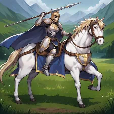 score_9,score_8_up,score_7_up,best quality,masterpiece,super detailed,extreme detailed,full_body,zPDXL BREAK (nature:1.1),(field:1.1),
<lora:Pony_DetailV2.0:1> BREAK 1girl,Cavalier,knight,armor,cape,gloves,helmet,horse,horseback riding,<lora:Cavalier:0.8>,holding spear,charging forward,fighting stance,