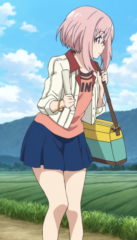 masterpiece,best quality,amazing quality,
<lora:yoshinokoharuNAI:1>,yoshinokoharu,
1girl,solo,pink hair,short hair,bangs,red eyes,white jacket,orange tank top,blue pleated skirt,yellow bracelet,cowboy shot,facing to the side,looking at viewer,leaning forward,right hand holding booklet,a green shoulder bag,holding bag strap,outdoors,countryside,day,blue sky,cloud,hill,grass,field,path,