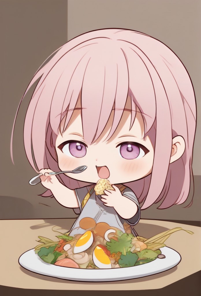 (1girl, solo, , , bizhi, Gotoh_Hitori, chibi:1.3),(Eating position, full body focus, body focus:1.3),zPDXL3,SimplePositiveXLv2, detail1eye, looking at viewer