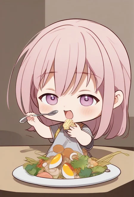 (1girl, solo, , , bizhi, Gotoh_Hitori, chibi:1.3),(Eating position, full body focus, body focus:1.3),zPDXL3,SimplePositiveXLv2, detail1eye, looking at viewer
