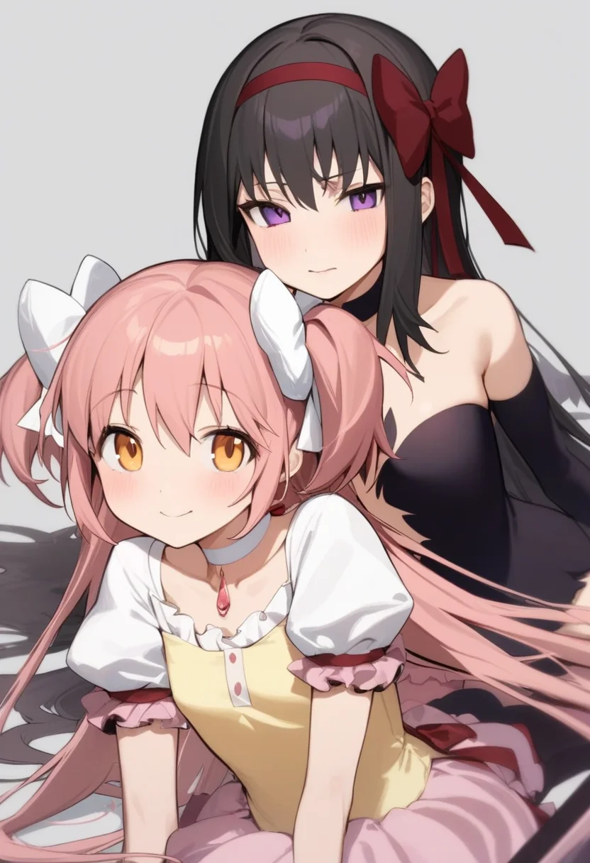 masterpiece,best quality,very aesthetic,absurdres,<lora:magica_2girl:1>,highres,looking_at_viewer,simple_background,puffy_short_sleeves,ribbon_choker,black_hairband,collarbone,red_ribbon,long_sleeves,hair_ribbon,2girls,hair_bow,kaname_madoka,magical_girl,akemi_homura,