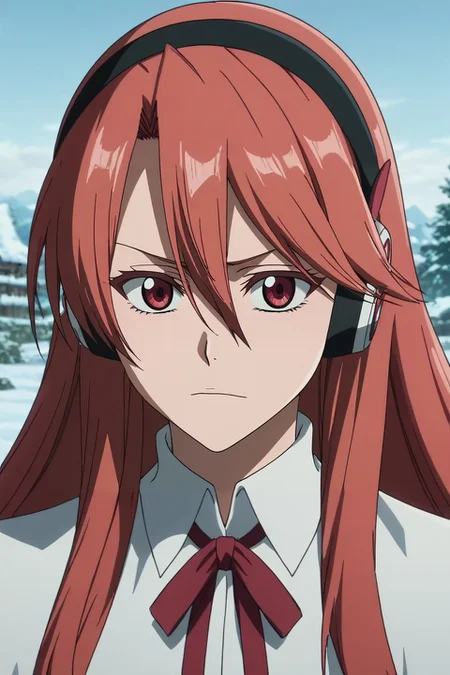 score_9, score_8_up, score_7_up, , anime screencap, rating_safe, , looking at viewer, , 1girl, <lora:chelsea_akame_ga_kill_pony:0.70>, chelsea_akame_ga_kill, red hair, red eyes, long hair, hair between eyes, bangs, headphones, ribbon, neck ribbon, solo, close-up, snowy town, snow, ice, stalagmite, light, kneeling, wavy mouth, closed mouth, <lora:bleach_tybw_style_pony:1.0>, bleach_tybw_style, , <lora:sdxl_lightning_8step_lora:1>