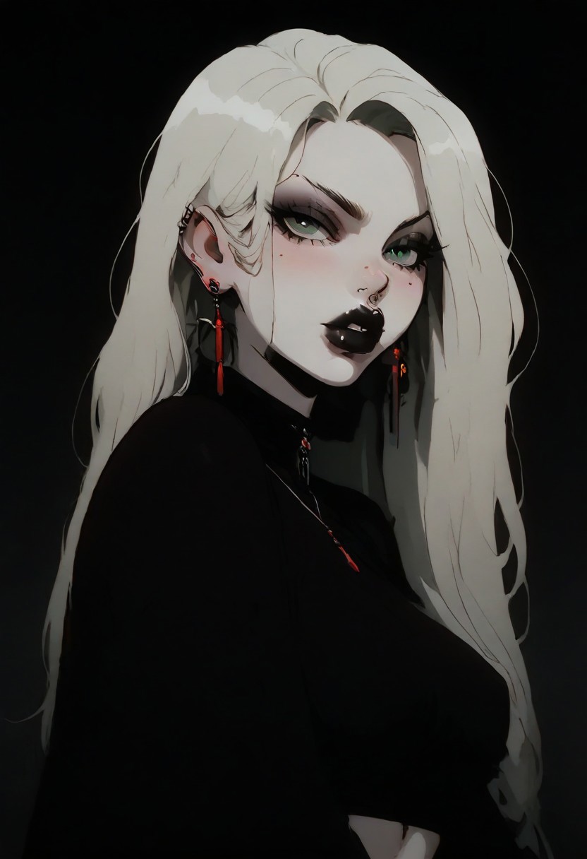 1girl, Kalluto Zoldyck, ((Goth Girl with very pale skin)),   black eyeliner , black lips, big breasts, big ass, thick lips, big lips, large lips,  bimbo lips, enormous lips, big thighs ,excessive pubic hair, plump, abs, wide hips, thick thighs, huge round ass, puckering lips, pouting face, (((blond hair))), two tone hair, 
 lip piercings, nose piercings, multiple ear piercings, navel piercings, septum piercing, 
score_9, score_8_up, score_7_up, score_6_up, source_cartoon, rating_explicit 
The background is a goth style bedroom,  lilandavastyle,
perfect slim figure, red earrings,  blonde, big ass, long braid, big breast, red high top shoes, blush stickers, makeup eyelids, freckles on the face, green eyes, a strand of long hair above the temples, excessive pubic hair, hairy stomach, hairy armpits, happy trail, skin dentation