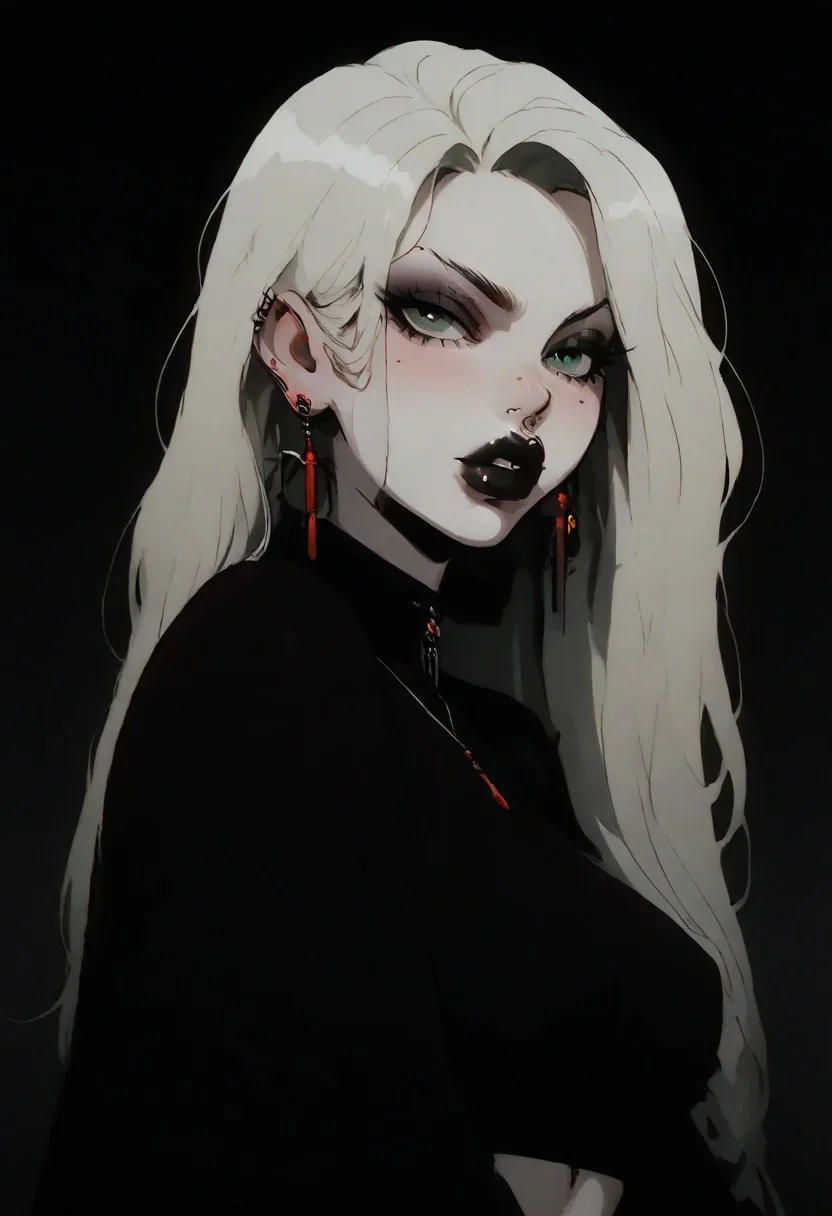 1girl, Kalluto Zoldyck, ((Goth Girl with very pale skin)),   black eyeliner , black lips, big breasts, big ass, thick lips, big lips, large lips,  bimbo lips, enormous lips, big thighs ,excessive pubic hair, plump, abs, wide hips, thick thighs, huge round ass, puckering lips, pouting face, (((blond hair))), two tone hair, 
 lip piercings, nose piercings, multiple ear piercings, navel piercings, septum piercing, 
score_9, score_8_up, score_7_up, score_6_up, source_cartoon, rating_explicit 
The background is a goth style bedroom,  lilandavastyle,
perfect slim figure, red earrings,  blonde, big ass, long braid, big breast, red high top shoes, blush stickers, makeup eyelids, freckles on the face, green eyes, a strand of long hair above the temples, excessive pubic hair, hairy stomach, hairy armpits, happy trail, skin dentation