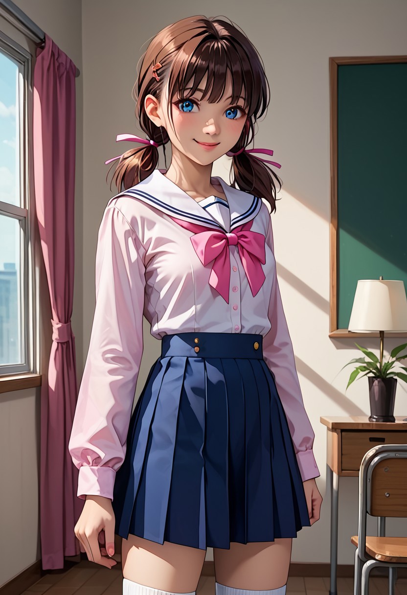 score_9, score_8_up, score_7_up, source_anime, highly detailed,  
1 girl, 20 years old, cute woman, 
Kodama Hikaru, brown hair, twintails, hair ribbon, ribbon, blue eyes, pink ribbon, low twintails, short twintails, small breasts, smile,
school uniform, long sleeves, navy skirt, knee high socks,
class room, standing, 
textured skin, beautiful, from front,
