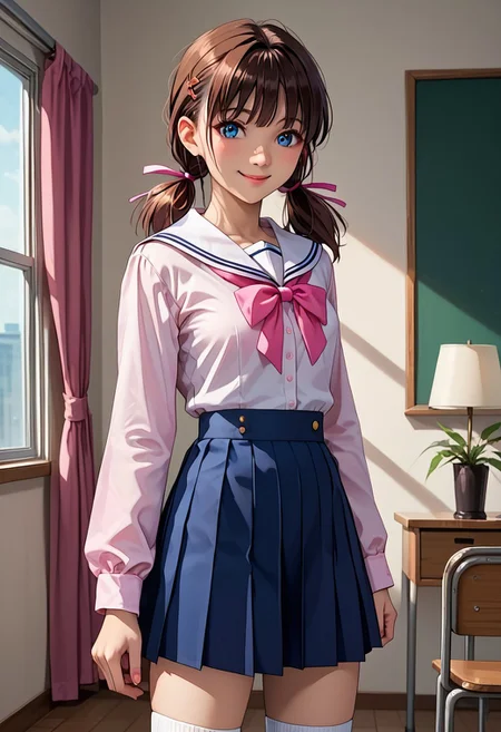 score_9, score_8_up, score_7_up, source_anime, highly detailed,
1 girl, 20 years old, cute woman,
Kodama Hikaru, brown hair, twintails, hair ribbon, ribbon, blue eyes, pink ribbon, low twintails, short twintails, small breasts, smile,
school uniform, long sleeves, navy skirt, knee high socks,
class room, standing,
textured skin, beautiful, from front,