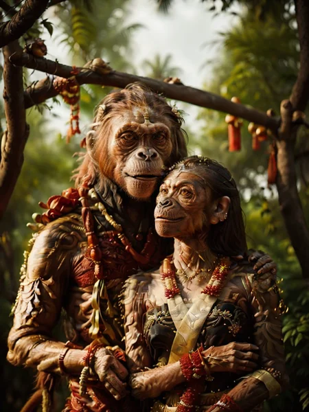 a couple wedding party,<lora:wereanimal:0.8>,orangutan werecreature,<lora:ARWJavaWeddingWoman:0.6>,portrait of java wedding woman in a red long kebaya traditional,beautiful javanese tree playfround,<lora:SavageVillage:0.3>,SaVi,<lora:NatureStyle_530620:0.2>,naturestyle,<lora:FantasyForest:0.4>,FanFo,photo \(object\),bokeh,
