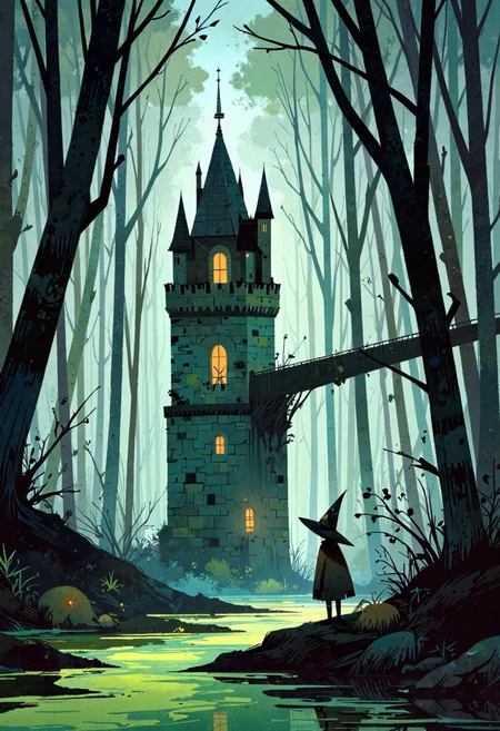ppstorybook,A towering wizard's tower rising from the depths of an enchanted swamp, its stone walls covered in moss and vines, glowing lanterns illuminate the tower windows, casting eerie reflections on the murky water, will-o'-the-wisps flicker in the swamp mist, strange and wondrous plants grow in the murky depths, intricate details of wizard's tower architecture, swamp vegetation, and magical lighting, the background a mysterious and atmospheric swamp landscape filled with secrets and magic, rendered in a detailed storybook illustration style with dark, moody colors and soft, glowing highlights.
