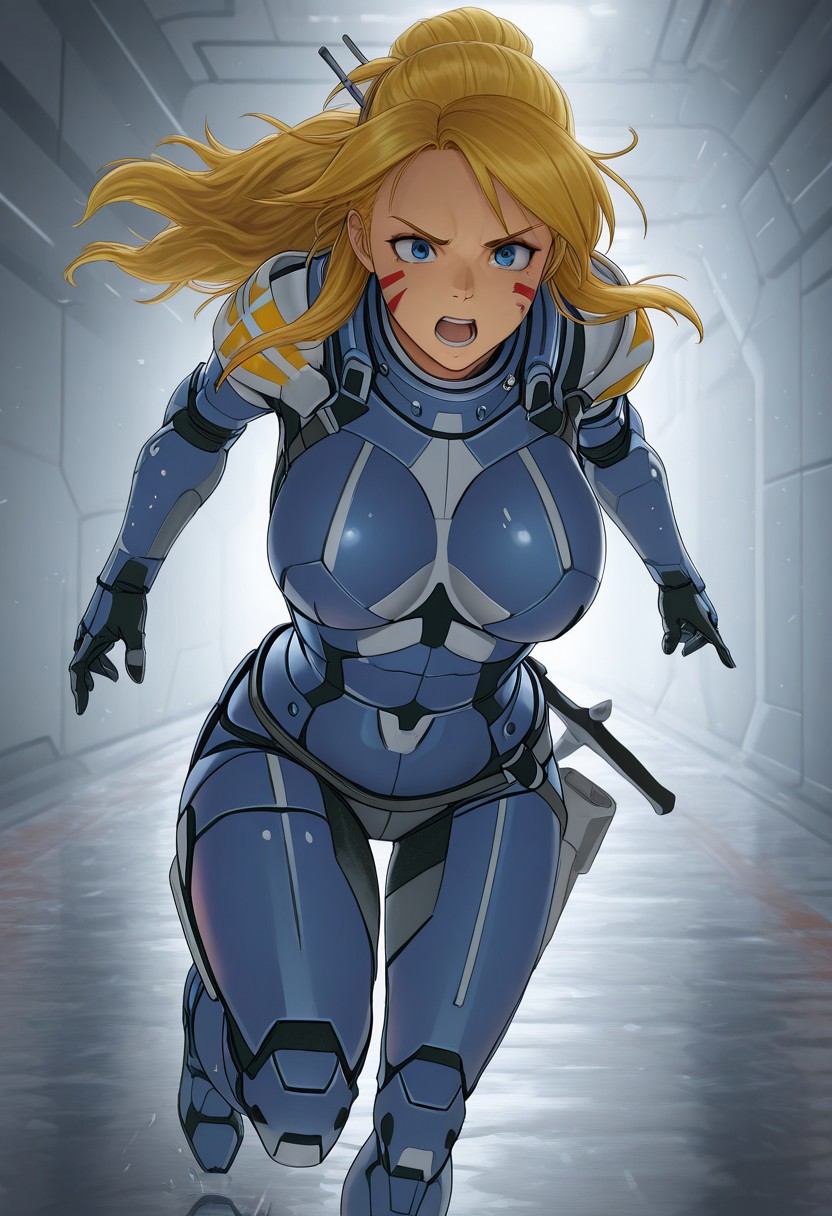 masterpiece, best quality, amazing quality,  Smooth Quality, hard lighting,
detailed Background, joan_of_arc
1girl, blonde hairs, long hairs, Panoceania, wearing light armor, running, indoor, blue armor, sci-fi