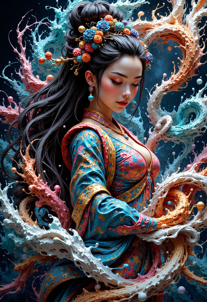 masterpiece, intricate details, waves and water transform into a stunning chinese princess, abstract, surreal colours, fractal art, mythp0rt