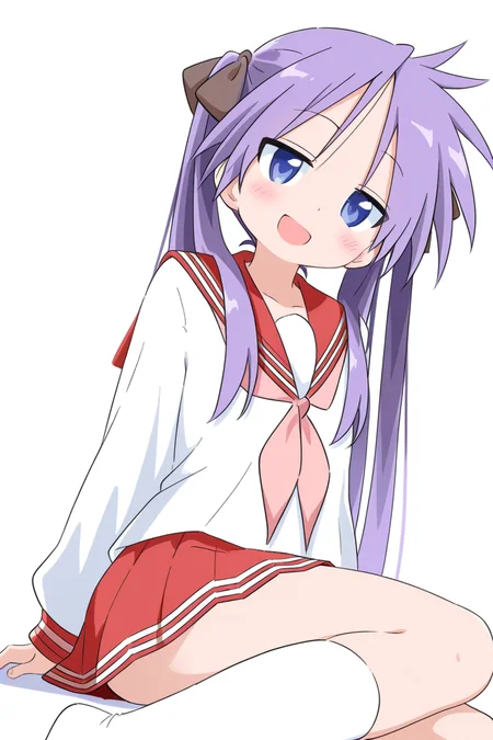 masterpiece, best quality, amazing quality,
<lora:Cynical_IL:1> cynical, 1girl, ryouou school uniform, solo, school uniform, long hair, serafuku, skirt, twintails, white background, purple hair, socks, smile, simple background, neckerchief, red skirt, looking at viewer, pleated skirt, white socks, sailor collar, open mouth, long sleeves, blue eyes, blush, :d, sitting, kagami