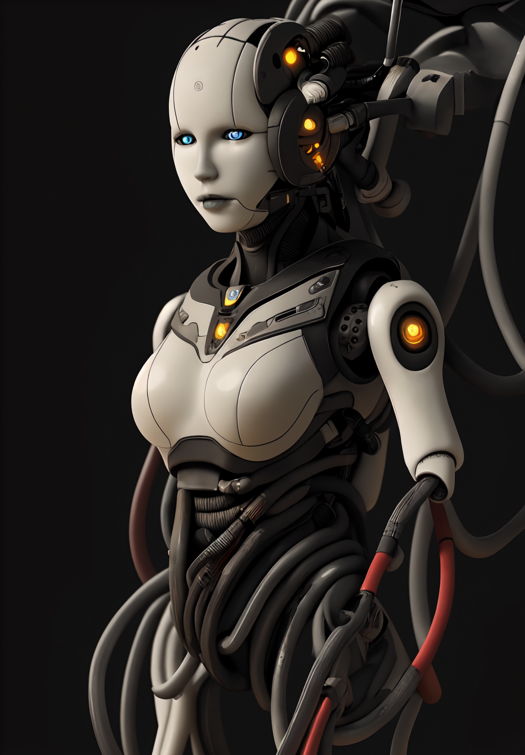 beautiful, masterpiece, best quality,perfect lighting, <lora:Adjutant:0.8>, Adjutant, 1girl, solo, simple background, no humans, black background, joints, cable, tubes, upper body,