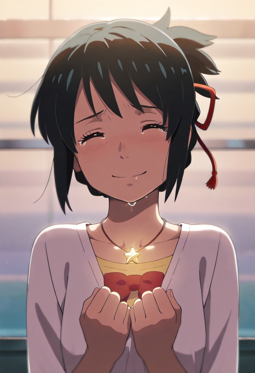 masterpiece,best quality,amazing quality, miyamizu mitsuha, black hair, 1girl, star necklace, closed eyes, solo, necklace, jewelry, tears, ribbon, red ribbon, hair ribbon, smile, star (symbol)