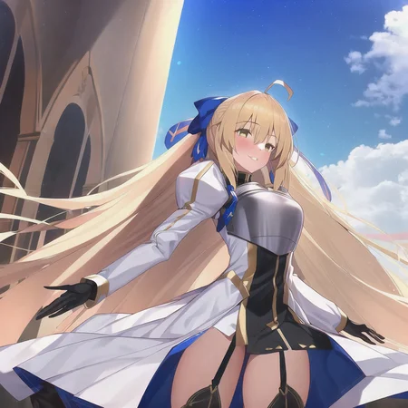 <lora:castoria:0.75>, 1girl, parted lips, highly detailed, intricate, white background, masterpiece, best quality, wallpaper, hdr, high definition, ahoge, blonde_hair, long_hair, smile, standing, yellow_eyes, solo focus, blue_ribbon, breastplate, ribbon, thighhighs, castoria
