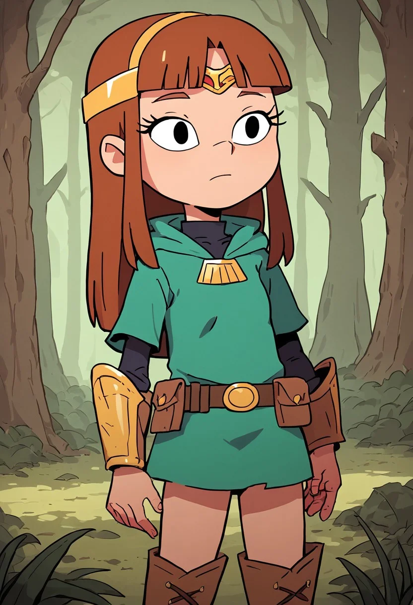 score_9, score_8_up, score_7_up, score_6_up, BREAK, 1girl, solo, AmyAnderson, brown hair, blunt bangs, long hair, black eyes, dnd cosplay, leather armour, green cloak, bow, quiver of arrows, gold circlet around forehead, high leather boots, belt, pouch, cowboy shot, forest, <lora:Amy_Anderson_PXL_Leaf3:1>, arms at sides,