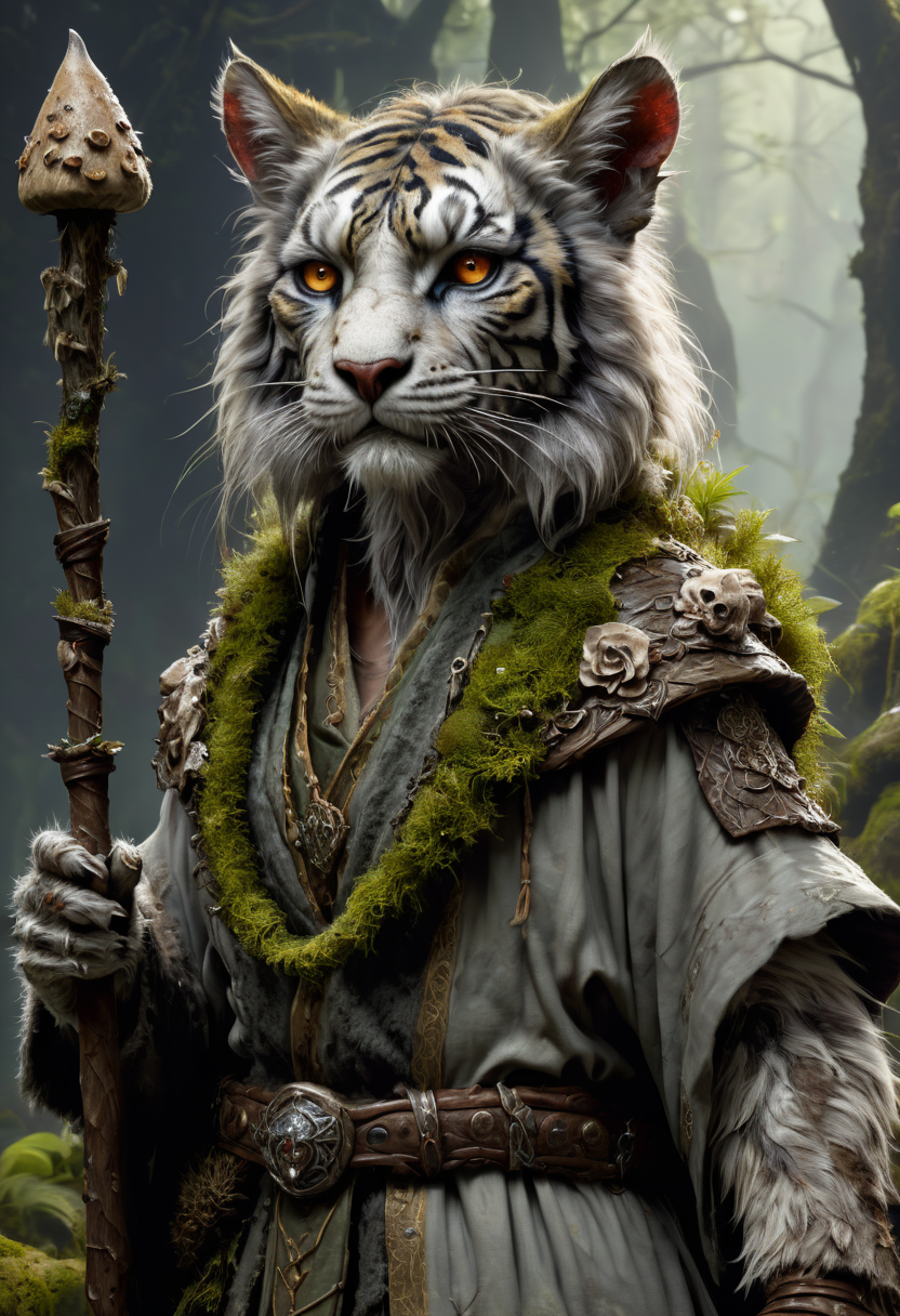 Style-SwampMagic Evil Undead tabaxi Zombie female mottled gray and rotting furred Undead tabaxi Zombie tiger, up close, from the side,, wearing tattered robes covered in patches of moss and lichen, holding a gnarled staff adorned with mushrooms and bone, realistic render, Dungeons and Dragons, Fantasy, octane render, zbrush. Character design, photorealistic, unreal engine, hyper-detailed, concept art, trending on art station. ((best quality)), ((masterpiece)), ((realistic)), (detailed), close up portrait, full body portrait, clouded pale eyes, wearing tattered robes, highly detailed fur, holding a gnarled staff adorned with mushrooms and bone, looking at the viewer, Fantasy art, stunning gradient colors, no watermark signature,
