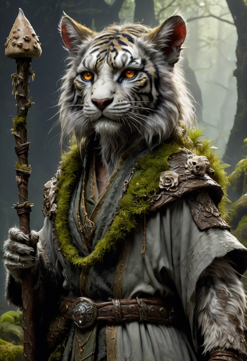 Style-SwampMagic Evil Undead tabaxi Zombie female mottled gray and rotting furred Undead tabaxi Zombie tiger, up close, from the side,, wearing tattered robes covered in patches of moss and lichen, holding a gnarled staff adorned with mushrooms and bone, realistic render, Dungeons and Dragons, Fantasy, octane render, zbrush. Character design, photorealistic, unreal engine, hyper-detailed, concept art, trending on art station. ((best quality)), ((masterpiece)), ((realistic)), (detailed), close up portrait, full body portrait, clouded pale eyes, wearing tattered robes, highly detailed fur, holding a gnarled staff adorned with mushrooms and bone, looking at the viewer, Fantasy art, stunning gradient colors, no watermark signature,