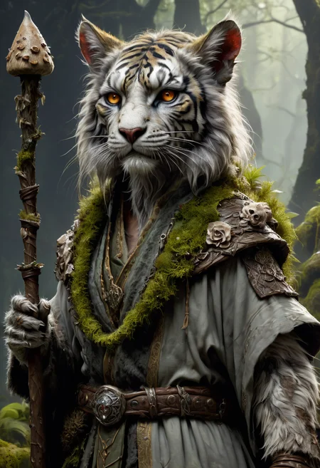 Style-SwampMagic Evil Undead tabaxi Zombie female mottled gray and rotting furred Undead tabaxi Zombie tiger, up close, from the side,, wearing tattered robes covered in patches of moss and lichen, holding a gnarled staff adorned with mushrooms and bone, realistic render, Dungeons and Dragons, Fantasy, octane render, zbrush. Character design, photorealistic, unreal engine, hyper-detailed, concept art, trending on art station. ((best quality)), ((masterpiece)), ((realistic)), (detailed), close up portrait, full body portrait, clouded pale eyes, wearing tattered robes, highly detailed fur, holding a gnarled staff adorned with mushrooms and bone, looking at the viewer, Fantasy art, stunning gradient colors, no watermark signature,