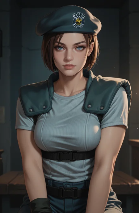 score_9, score_8_up, score_7_up, score_6_up, score_5_up, score_4_up, photoshop \(medium\), <lora:REJill_t1-000022-128:1.0> RE1Jill, blue eyes, brown bob cut, beret, breasts, fingerless gloves
, seductive pose
, dark environment, mansion, indoors, moody lighting