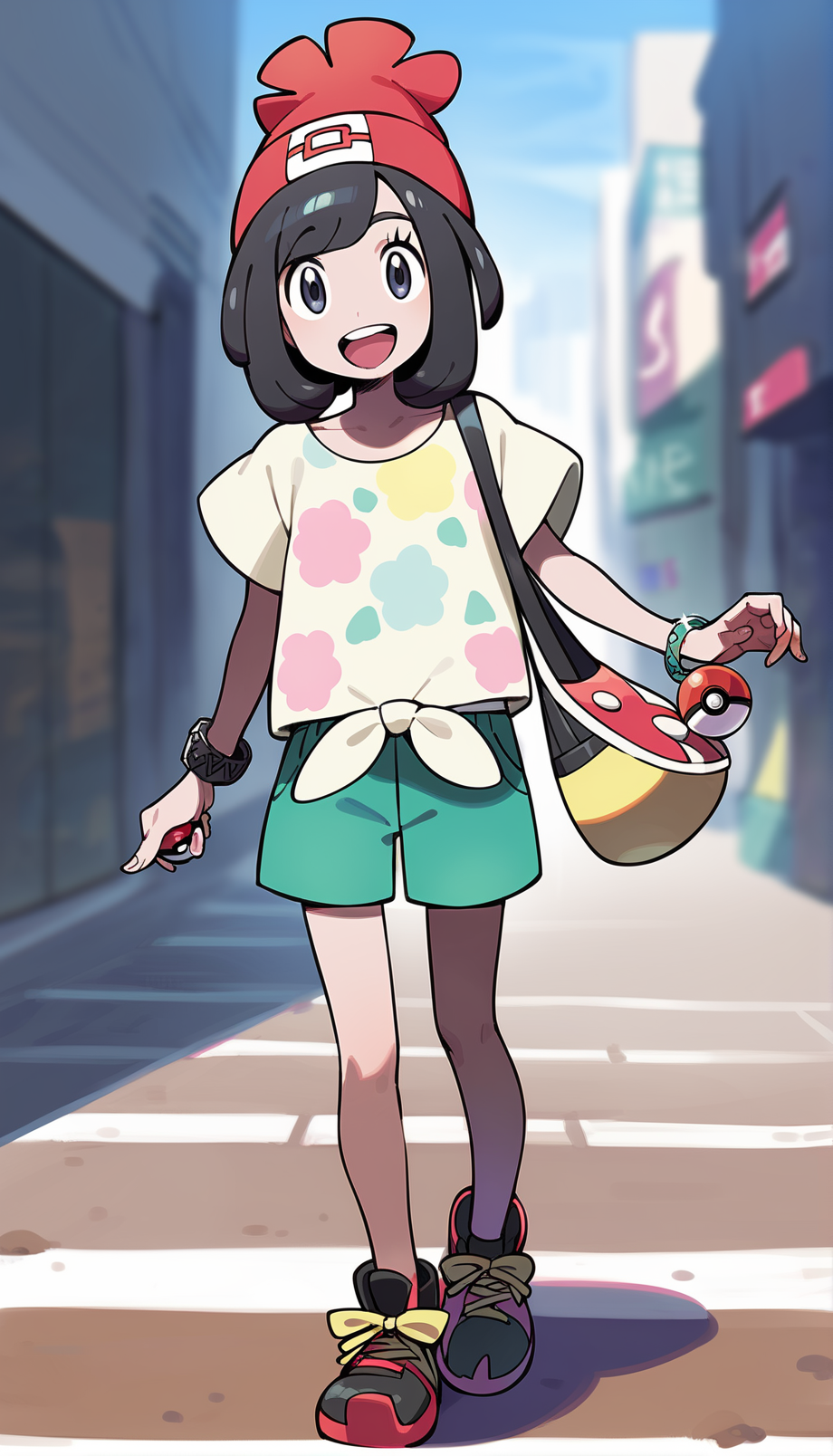 score_9,score_8_up,score_7_up,
<lora:selene:0.8>,pm_selene,
1girl,solo,black hair,short hair,bangs,grey eyes,looking at viewer,open smile,red beanie,yellow short sleeves shirt,a tank top worn under the shirt,collarbone,tied shirt,bracelet,bag,green shorts,red sports shoes,full body,standing,lifting poke ball,
blurry background,simple background,outdoors,city,