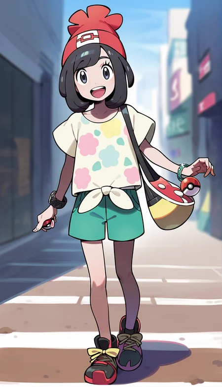 score_9,score_8_up,score_7_up,
<lora:selene:0.8>,pm_selene,
1girl,solo,black hair,short hair,bangs,grey eyes,looking at viewer,open smile,red beanie,yellow short sleeves shirt,a tank top worn under the shirt,collarbone,tied shirt,bracelet,bag,green shorts,red sports shoes,full body,standing,lifting poke ball,
blurry background,simple background,outdoors,city,