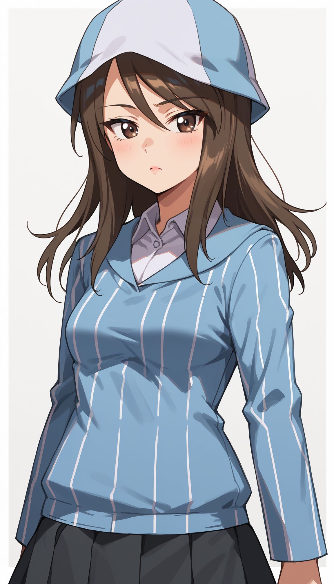 score_9, score_8_up, score_7_up, source_anime, ,
 <lora:GUPMika:1> AAMIka , 1girl, mika (girls und panzer), tulip hat, keizoku school uniform, long hair, brown hair, brown eyes, vertical-striped shirt, blue headwear, vertical-striped clothes, dress shirt, grey skirt, long sleeves, blue shirt, miniskirt, pleated skirt, white shirt, wing collar,