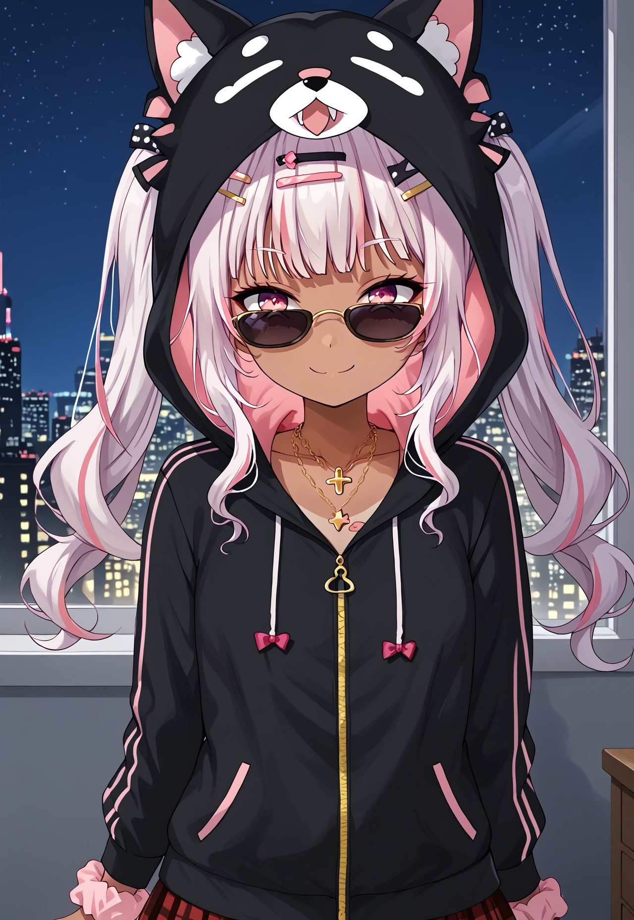 1girl, solo, solo focus, highres, absurdres, KotokuKoinuko, long hair, dark skin, twintails, multicolored hair, pink hair, streaked hair, white hair, pink eyes, hair ornament, hairclip, bangs, gyaru, tan, 

necklace, animal hood, plaid skirt, long sleeves, black hoodie, red skirt, black jacket, bandaid, hood up, pleated skirt, wrist scrunchie, sunglasses,

looking at viewer, smile.

window, cityscape, neon lights, shade, night, night sky, dark, backlighting,