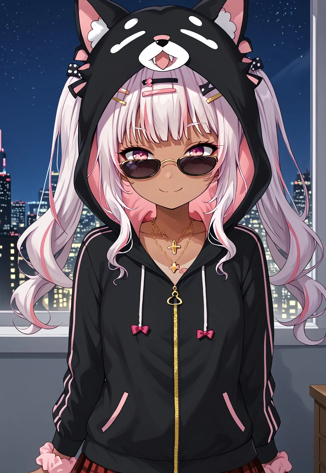 1girl, solo, solo focus, highres, absurdres, KotokuKoinuko, long hair, dark skin, twintails, multicolored hair, pink hair, streaked hair, white hair, pink eyes, hair ornament, hairclip, bangs, gyaru, tan, 

necklace, animal hood, plaid skirt, long sleeves, black hoodie, red skirt, black jacket, bandaid, hood up, pleated skirt, wrist scrunchie, sunglasses,

looking at viewer, smile.

window, cityscape, neon lights, shade, night, night sky, dark, backlighting,