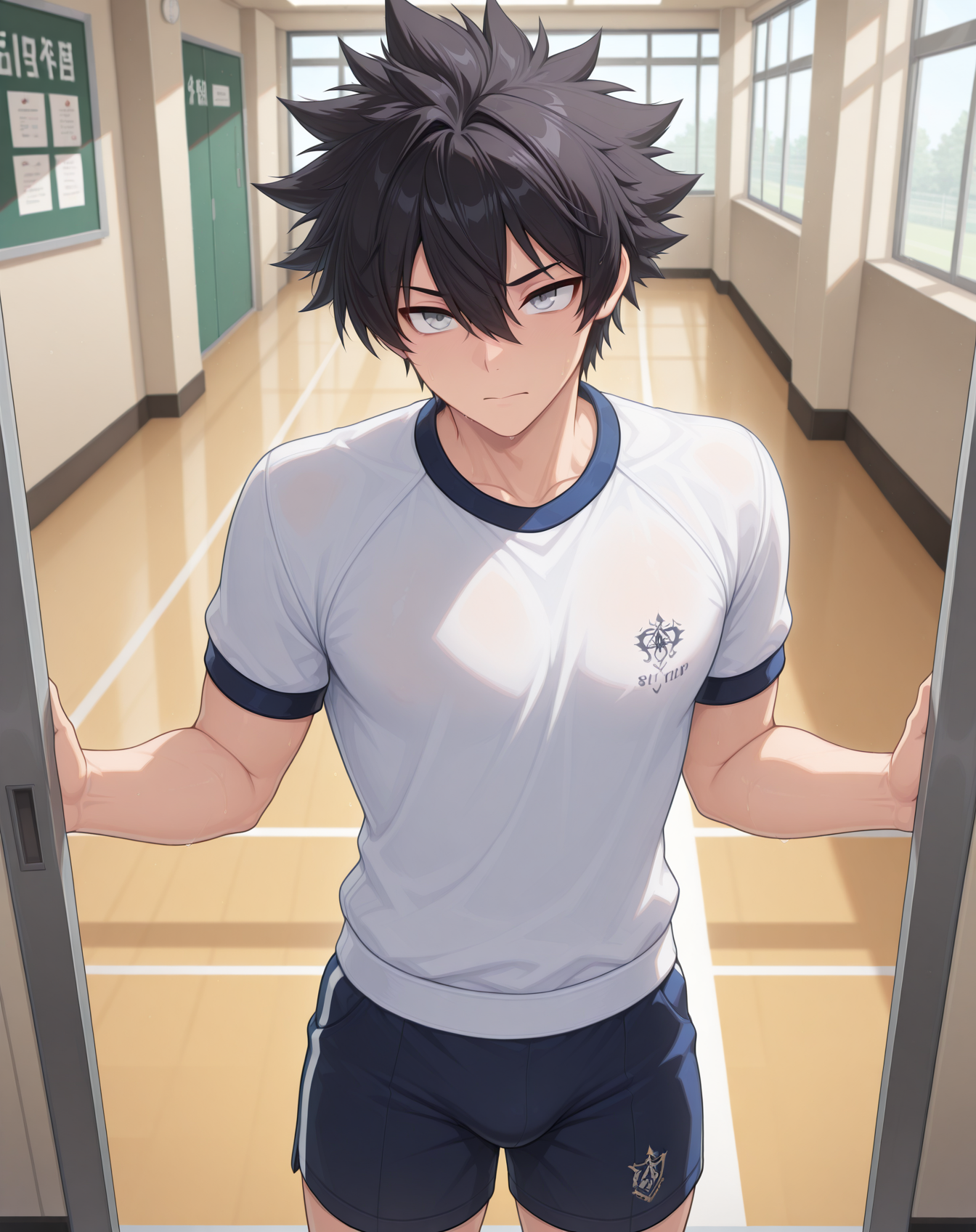 masterpiece,best quality,amazing quality, newest, very aesthetic, absurdres,
1boy, solo, yaoi, male focus, looking at viewer, cowboy shot, standing,
<lora:Sieghart_Wonderland_ilxl:1> sieghartwonderland, spiked hair, black hair, hair between eyes, grey eyes, short hair,
gym uniform, gym shorts, gym shirt,
indoors, gym,