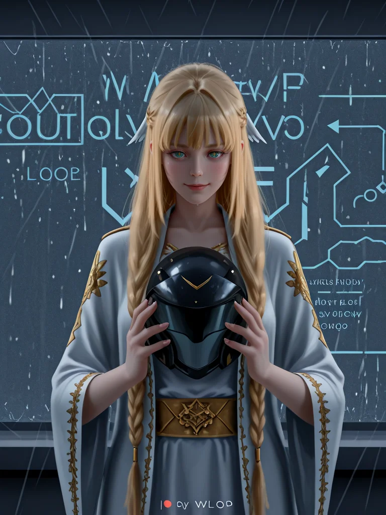 masterpiece,high quality,highres,absurdres,(<lora:Dolores Quovadis22:1>,1 girl,solo,long hair straight hair,blonde hair,thick braid,long braid,straight fringe,wing hair ornament,green eyes,cross pupils || Dolores_Quovadis_ceremonial,white ceremonial dress,long robe,gold embroidery,golden trim,wide sleeves,high waist sash),seductive smile,cute face,
holographic billboards flickering in the rain-soaked alleys of a cyber dystopia, a street racer adjusting her helmet.,
<lora:Half_Art_Style_IL:1>,wlop,