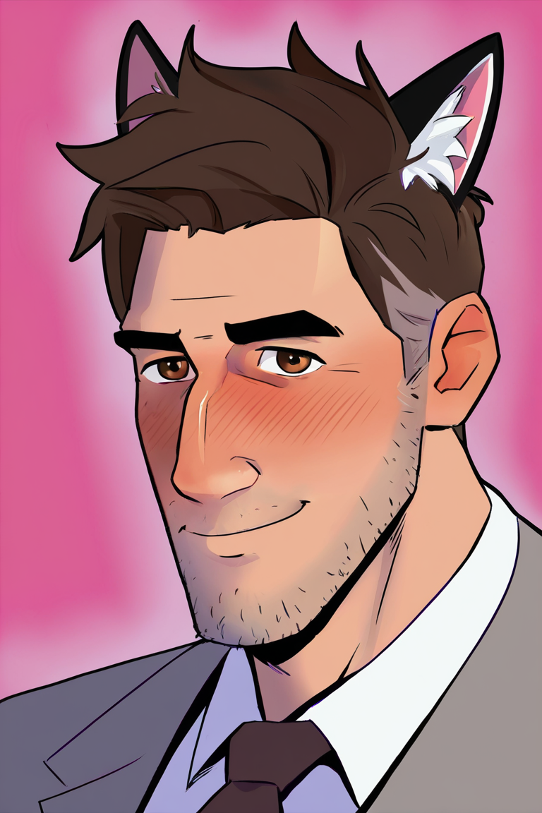 masterpiece, best quality, highres, newest, peterbparker, 1boy, solo, male focus, mature male, short hair, brown hair, multicolored hair, brown eyes, thick eyebrows, facial hair, stubble, formal, collared shirt, grey suit, looking at viewer, smile, standing, upper body, smile, blush, cat ears, animal ears, pink background, simple background <lora:Spider-Man (Peter B. Parker) v1.1 Updated [LoRA] - NoobAI-XL EPS 1.0:0.8>