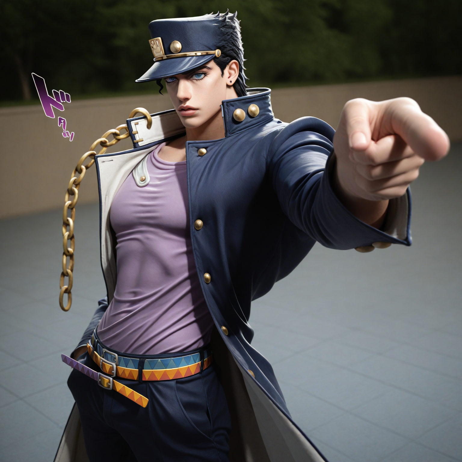 realistic, 3D, hyperrealistic, ultra-detailed, photorealistic, 3D render, cinematic lighting, high-resolution, lifelike, textured, realistic shadows, (masterwork, highly detailed, vibrant colors, sharp details, masterpiece, best quality, hyper-detailed), perfect quality, absolutely eye-catching, anatomically correct, proper proportions, ultra-detailed, amazing quality, very aesthetic, perfect composition, intricate details, absurdres, incredibly absurdres, ultra sharp, Smooth_Quality, 1boy, (solo), jotaro kujo, jojos bizarre adventure, jotaro_kujo, jojo's_bizarre_adventure, male, hat, coat, chain, school_uniform, delinquent, black hair, blue eyes, aura, stand_(jojo), menacing, sound effects, jotaro kujo pose, kujo jotaro's pose (jojo), jojo pose, pointing, pointing at viewer, cowboy shot, outdoors, carnival, floor, clear composition, ambient lighting, soft shadows, volumetric lighting, 4k resolution, sharp details, smooth textures, realistic lighting, depth of field, no artifacts, high fidelity, vibrant colors, physically-based rendering (PBR),