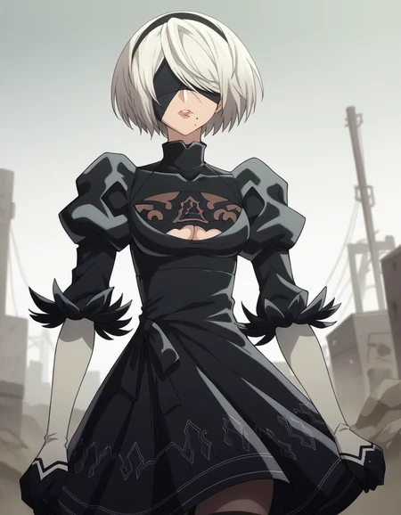 score_9, score_8_up, score_7_up, source_anime,
2b, <lora:2b-s1-ponyxl-lora-nochekaiser:1>,
2b, yorha no. 2 type b, short hair, white hair, hairband, mole, black hairband, mole under mouth, blindfold, covered eyes, black blindfold,
gloves, long sleeves, dress, puffy sleeves, black dress, clothing cutout, cleavage cutout, juliet sleeves, feather-trimmed sleeves,
outdoors, wasteland,
solo, dutch angle, looking at viewer, cowboy shot,