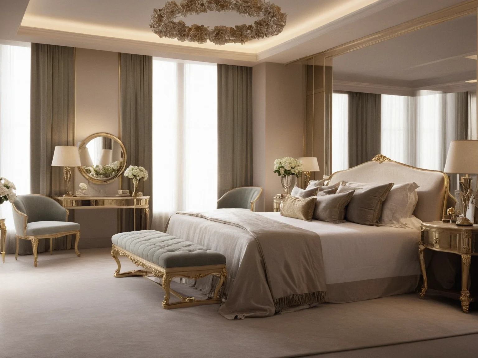 <lora:JJsLuxuryBedroom_XL:1>, ((best quality)),((masterpiece)),((realistic)), (((Luxury Bedroom))) , photorealistic, chair , authentic, soft lighting,indoor scenery, reflection ,wall ,rug , lamp, flower, vase , chair ,ceiling , plant, window ,curtain ,couch, gold, dramatic lighting,