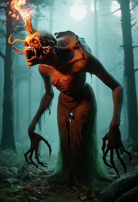 score_9, score_8_up, score_7_up, zy_monster, realistic, hunchbacked creature, cloaked figure, withered leaves, torn rags, bone lantern head, eerie flame, gaping mouth, glass teeth, twisted shadows, dancing shadows, luring travelers, raspy breath, distant wind, eyeless face, skinless, dark woods, horror, unsettling, night, grotesque, eerie glow, dark fantasy, highly detailed, high contrast, film grain, Rim Lighting , <lora:zy_Horror_Monsters_PonyRealism_v1:0.75>