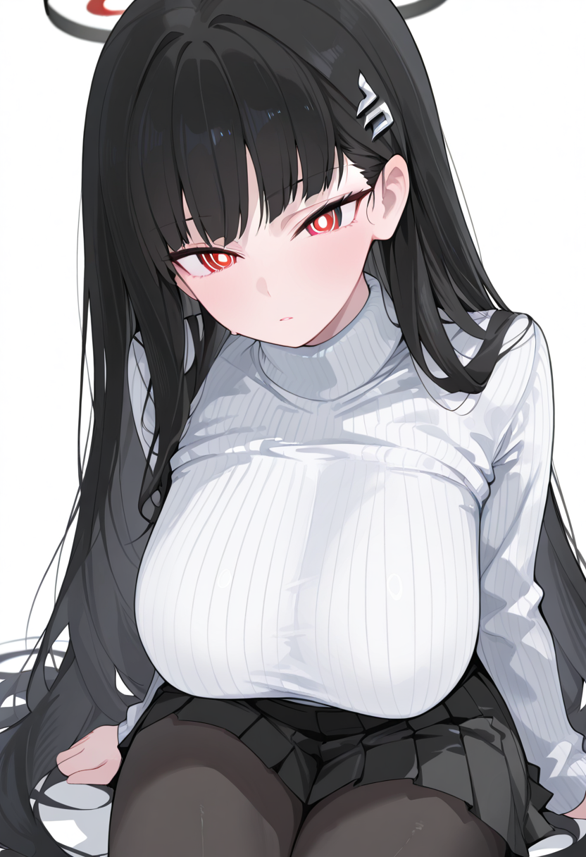 mikzn style, rio \(blue archive\), halo, 1girl, solo, black hair, long hair, very long hair, red eyes, ringed eyes, large breasts, breasts, hair ornament, hairclip, halo, sweater, ribbed sweater, turtleneck, turtleneck sweater, white sweater, miniskirt, pleated skirt, skirt, pantyhose, black pantyhose, simple background, white background masterpiece, best quality, amazing quality, absurdres