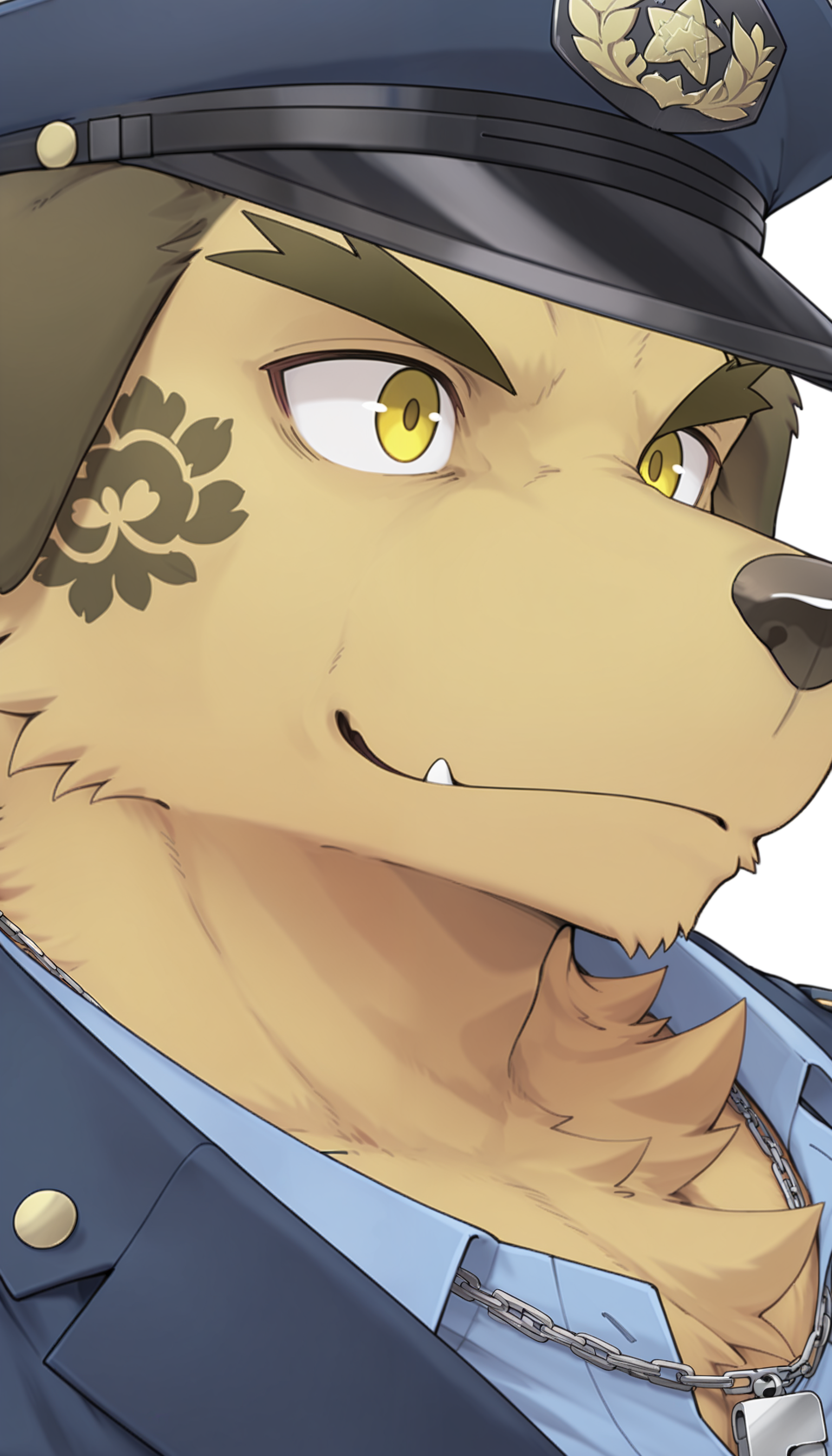 masterpiece, best quality, amazing quality, 1boy, solo,
Nobumichi, dog boy, yellow eyes, police uniform, police hat, blue uniform jacket, blue shirt, chest tuft, silver whistle on necklace, 
close up, face focus, portrait,