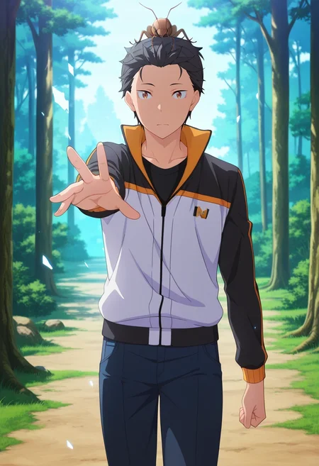 masterpiece, best quality, , anime screencap, anime coloring, , , 1boy, solo, male focus, <lora:subaru_natsuki_ilxl:0.92>, subaru_natsuki, black hair, brown eyes, short hair, natsuki subaru, hair slicked back, track jacket, crystal forest, geometric trees, light prisms, floating shards, reaching up, wonder expression, morning, Stretch jeans, Suit jacket, , Cricket hat, andNecktie andQuiver (for arrows)