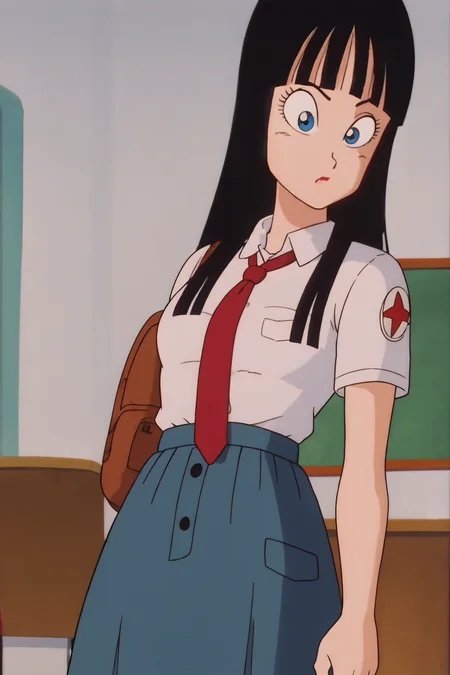 source_anime, score_9, score_8_up, score_7_up, anime screencap,8k, absurd res,
mai \(dragon ball\), long hair, bangs, blue eyes, black hair,
school uniform, collared shirt, skirt, necktie, partially unbuttoned, 
 <lora:maiDB_pony_v1:0.8>